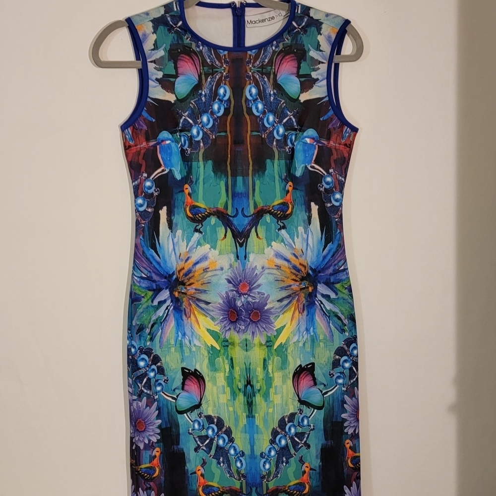 Mackenzie Mode Dress Small Psychedelic Butterfly Floral Bodycon Sheath Glam Rock - Picture 10 of 10